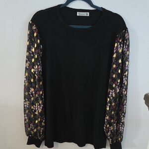 Black Sweater with Floral Sheer Puff Sleeves